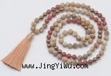 GMN6246 Knotted 8mm, 10mm matte picture jasper & red jasper 108 beads mala necklace with tassel