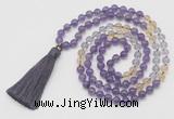 GMN6253 Knotted 8mm, 10mm amethyst, citrine & white crystal 108 beads mala necklace with tassel