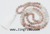 GMN6254 Knotted 8mm, 10mm sunstone, white crystal & white jade 108 beads mala necklace with tassel
