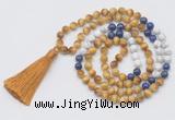 GMN6257 Knotted 8mm, 10mm golden tiger eye, lapis lazuli & matte white howlite 108 beads mala necklace with tassel