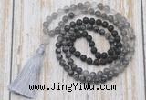 GMN6370 Knotted 8mm, 10mm black lava, black labradorite & cloudy quartz 108 beads mala necklace with tassel