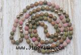 GMN6448 Hand-knotted 8mm, 10mm matte unakite & pink wooden jasper 108 beads mala necklaces