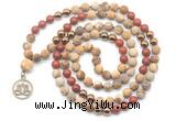GMN6492 Knotted 8mm, 10mm matte picture jasper & red jasper 108 beads mala necklace with charm