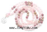 GMN6497 Knotted 8mm, 10mm rose quartz & pink wooden jasper 108 beads mala necklace with charm