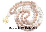 GMN6500 Knotted 8mm, 10mm sunstone, white crystal & white jade 108 beads mala necklace with charm