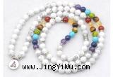 GMN7074 7 Chakra 8mm white howlite 108 mala beads wrap bracelet necklaces