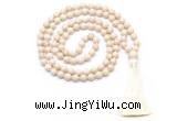 GMN8414 8mm, 10mm white fossil jasper 27, 54, 108 beads mala necklace with tassel