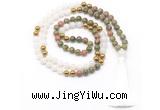 GMN8553 8mm, 10mm unakite, white jade & hematite 108 beads mala necklace with tassel