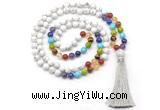 GMN8605 Hand-knotted 7 Chakra 8mm, 10mm white howlite 108 beads mala necklace with tassel