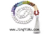 GMN8607 Hand-knotted 7 Chakra 8mm, 10mm white howlite 108 beads mala necklace with tassel