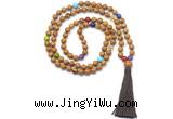 GMN8622 Hand-knotted 7 Chakra 8mm, 10mm wooden jasper 108 beads mala necklace with tassel